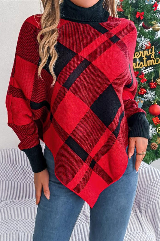 Christmas Plaid Contrast Turtleneck Cape Sweater