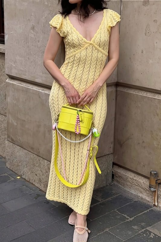 Knit V-Neck Backless Ruffle Maxi Dress