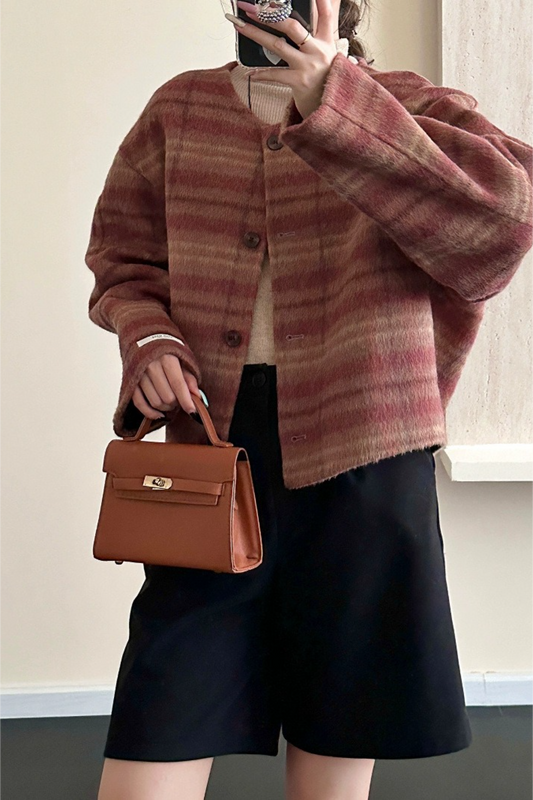 Plaid Crew Neck Single Breasted Drop Shoulder Wool Jacket