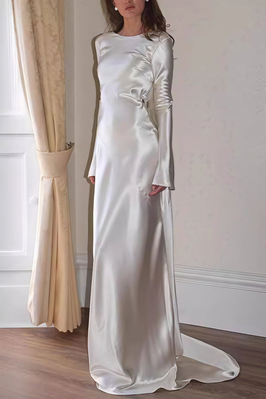 Satin Solid Crew Neck Backless Mermaid Elegant Maxi Dress