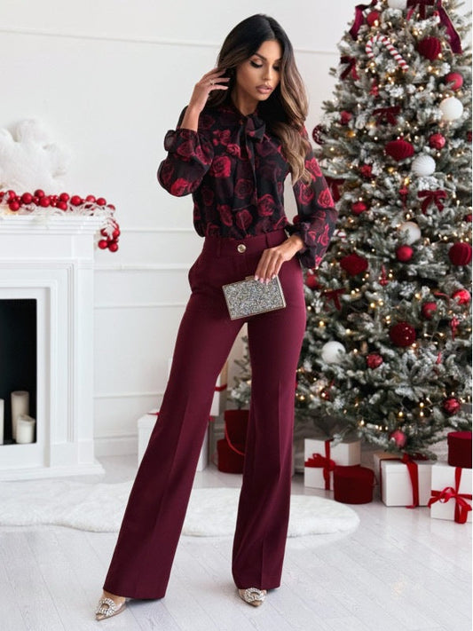 Chiffon Bow Tie Printed Long Sleeve Blouse