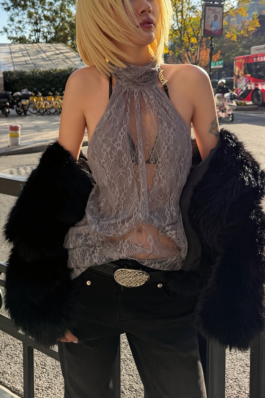 Elegant Irregular Sheer Lace Halter Top