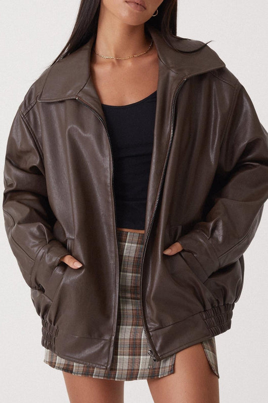 Elastic-Hem Faux-Leather Moto Jacket