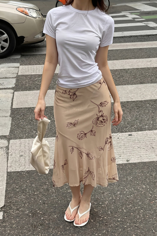 Khaki Floral Mesh Fishtail Midi Skirt