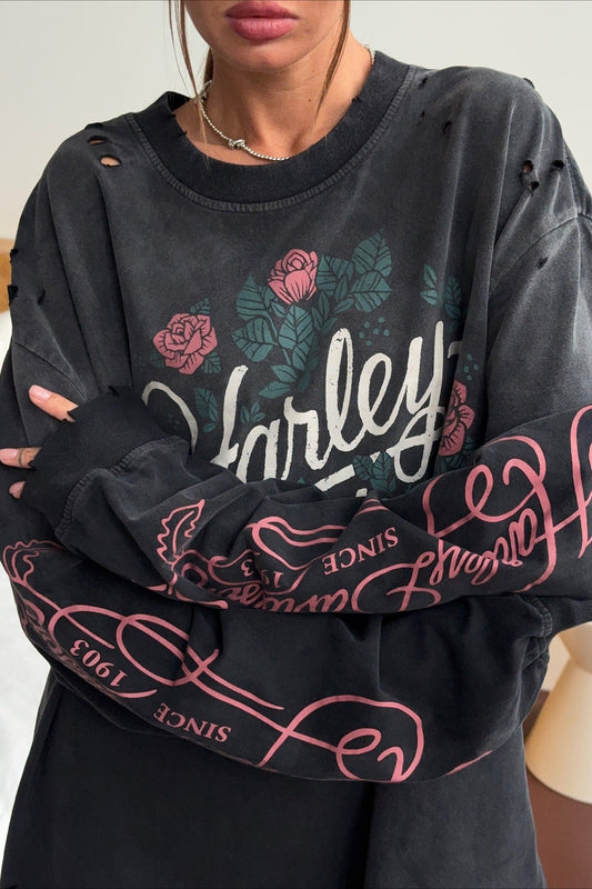 Vintage Distressed Rose Print Sweatshirt