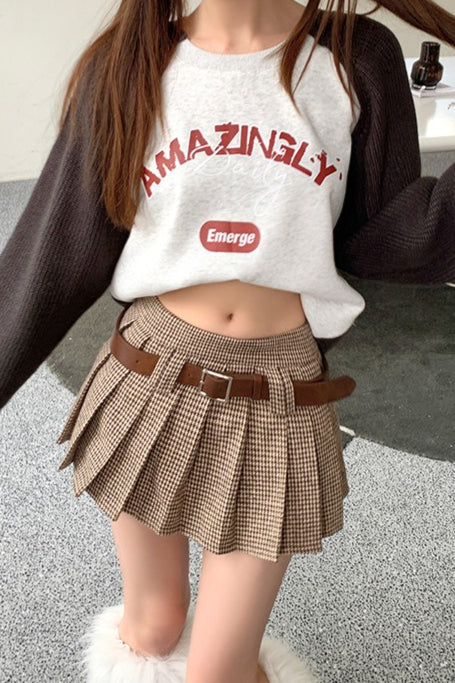 Houndstooth Pleated High Waist Skirt