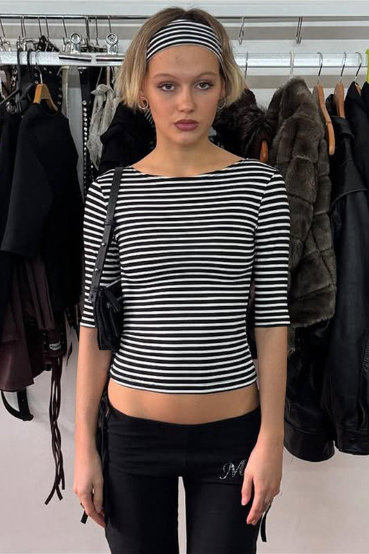 Vintage Color Block Stripe Jacquard Fitted Knit Blouse