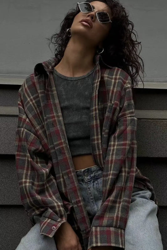 Casual Plaid Lapel Shirt Blouse