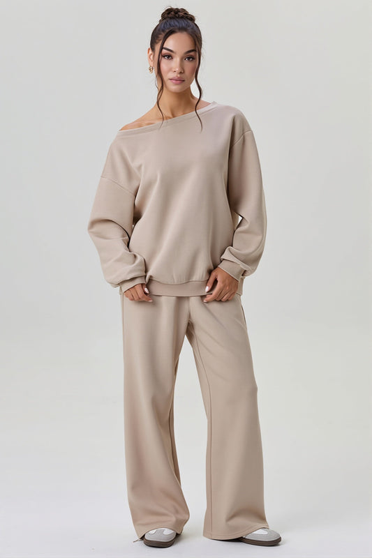 Solid One Shoulder Sweatshirt Set