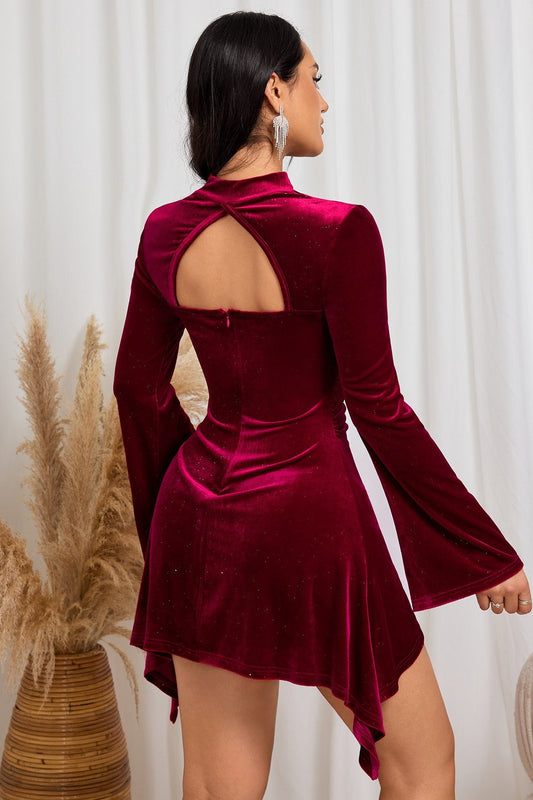 Ruched Silk Shiny Halter Asymmetric Mini Dress