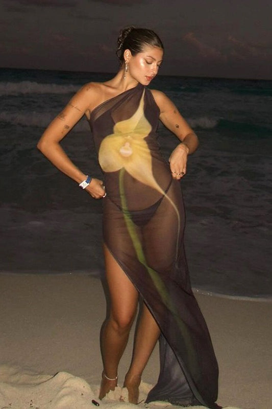 Sexy One Shoulder Mesh Floral Print Sheer Split Maxi Dress