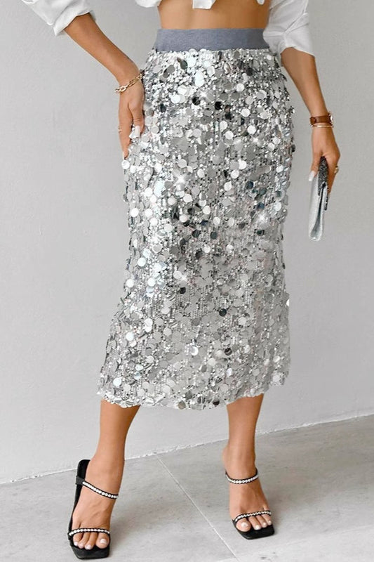 Solid Sequin High Waist Midi Skirt