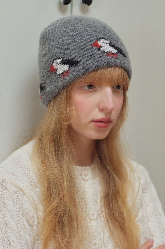 Rabbit Hair Blend Bird Pattern Color Block Knitted Hat