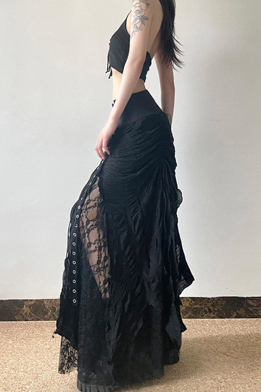 Y2K Goth Lace-Up Paneled Patchwork Maxi Skirt