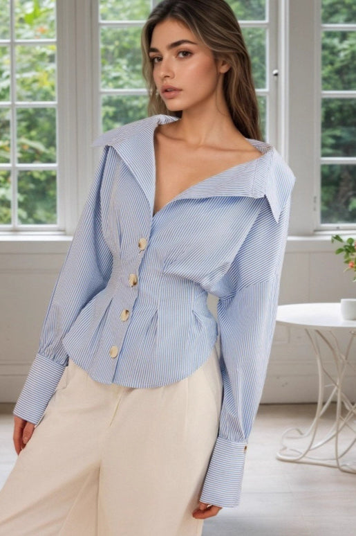 Ruffled Collared Puff Sleeve Striped Blouse