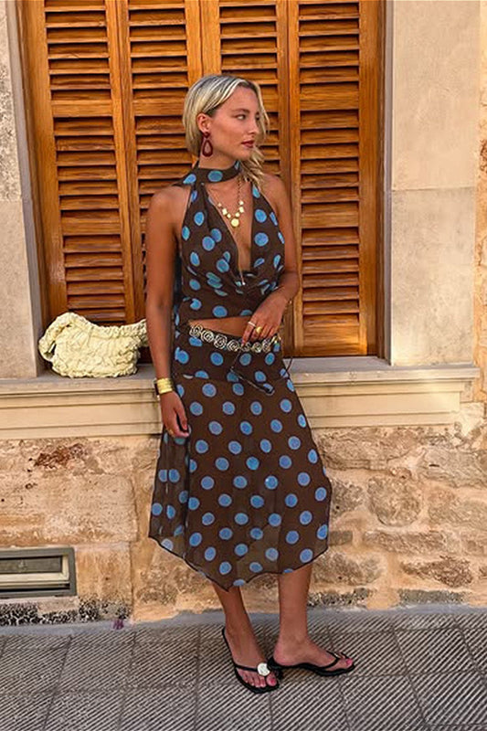 Colorblock Polka Dot Mesh Two Pieces Set