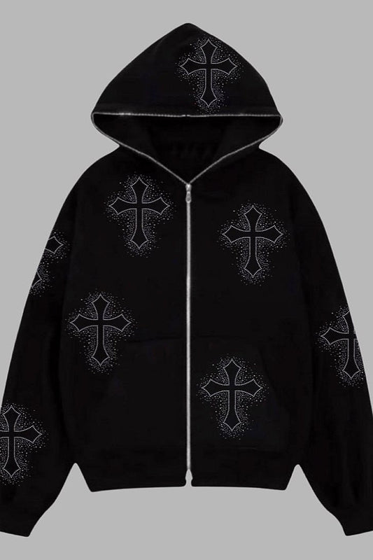 Rhinestone Cross Pullover Hoodie