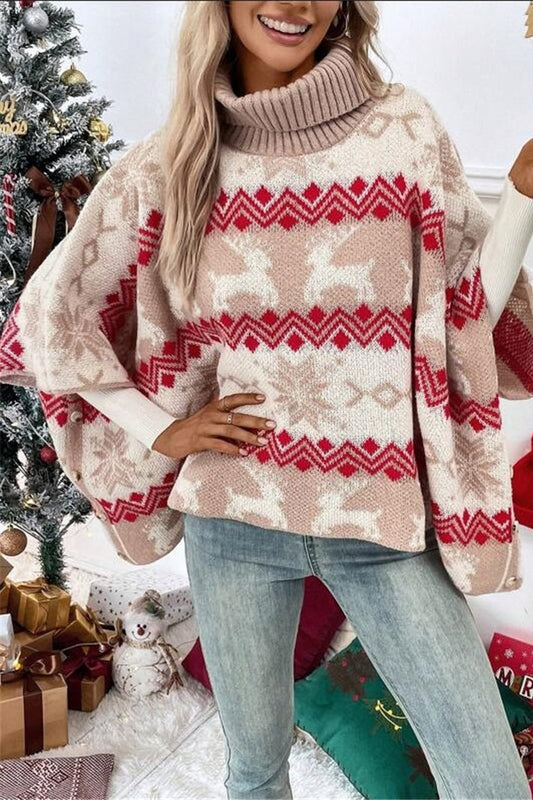 Christmas Moose High Neck Contrast Batwing Sleeve Sweater
