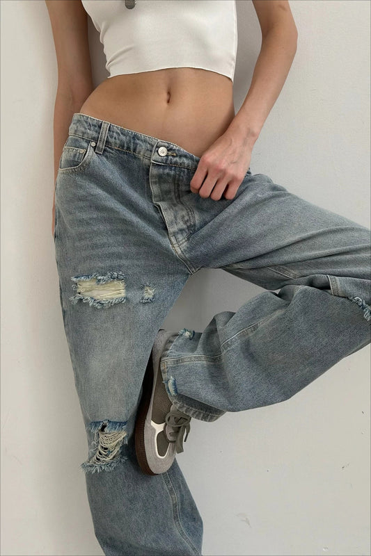 Low Rise Distressed Patchwork Jean
