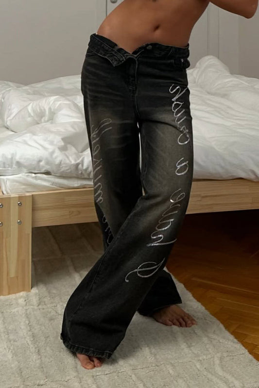 Rhinestone Letter Washed Straight Jean