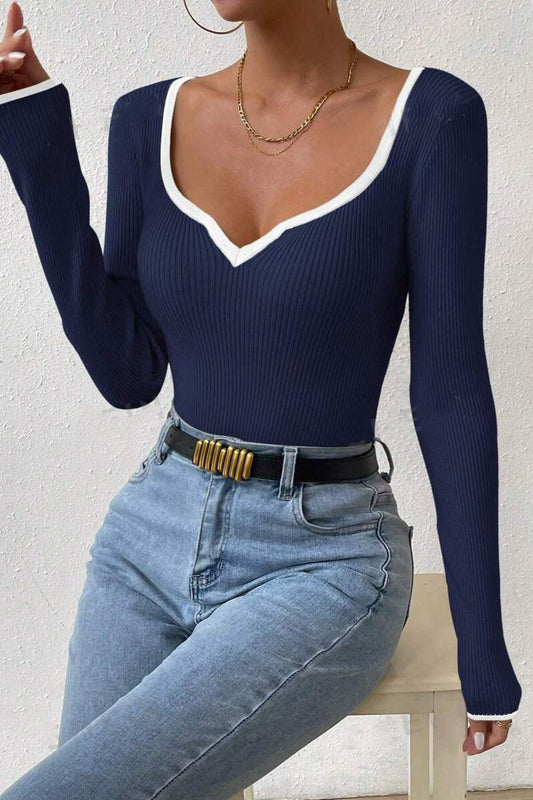 V-Neck Ribbed Fitted Knit Sweater