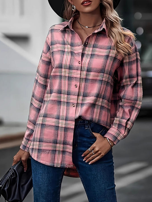 Plaid Oversized Button-Up Blouse