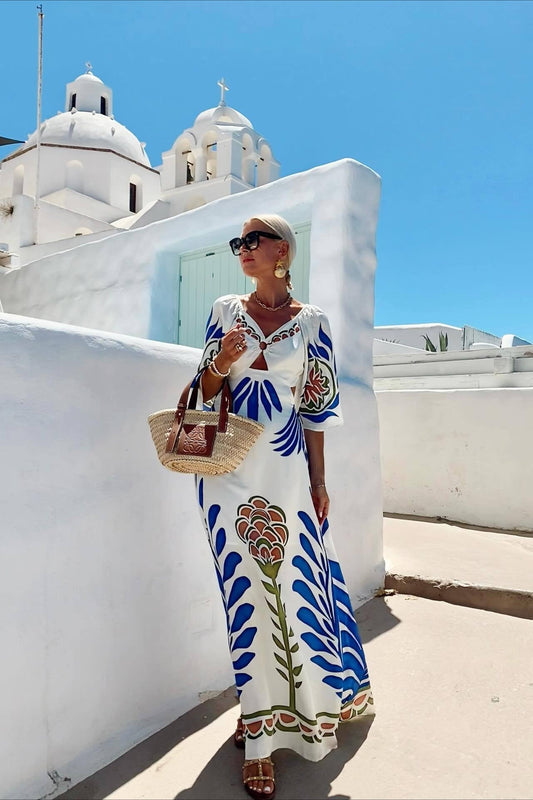 Vacation Floral Print Backless Slim Maxi Dress