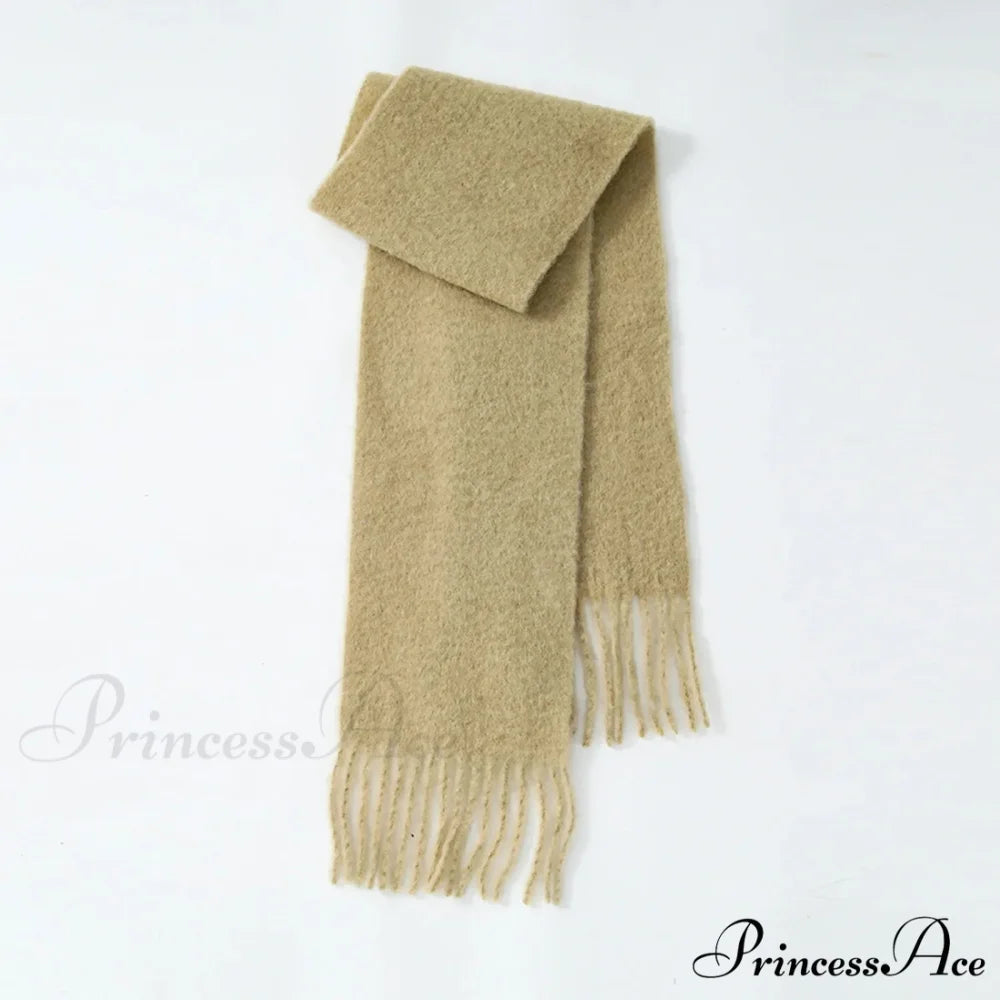 80% Wool Blend Solid Color Tassel Scarf for Women - Autumn Winter Collection Light khaki