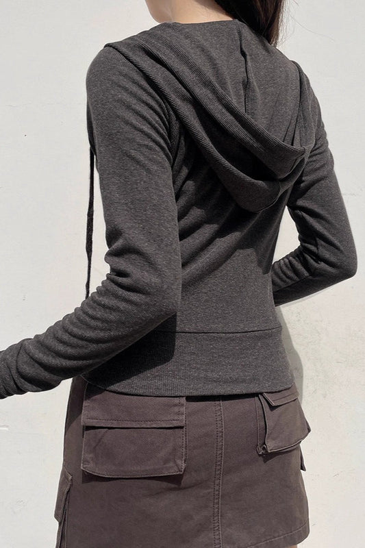 Ribbed Cropped Zip Up Hoodie