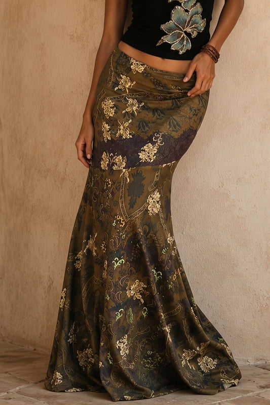 Vintage Floral Mesh Fishtail Maxi Skirt