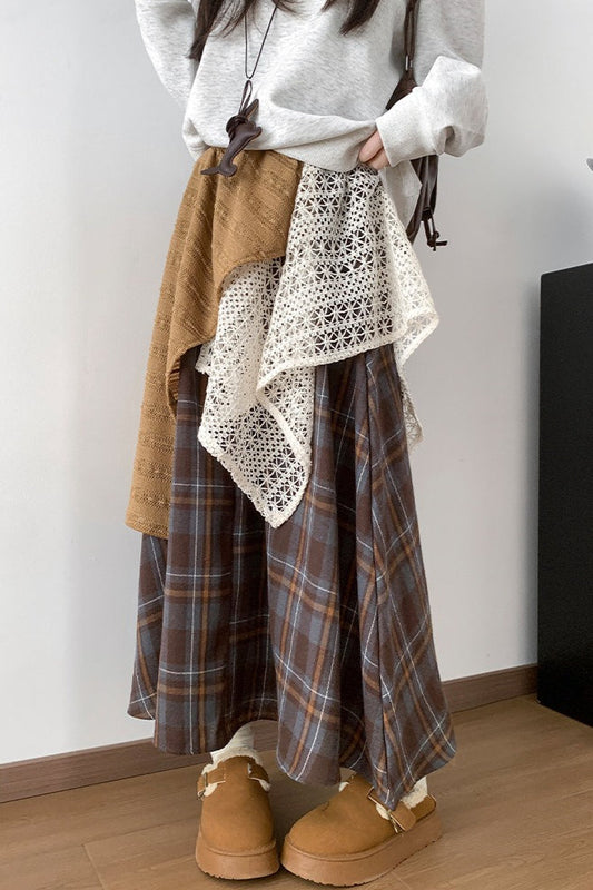 Asymmetric Lace Panel Plaid Skirt