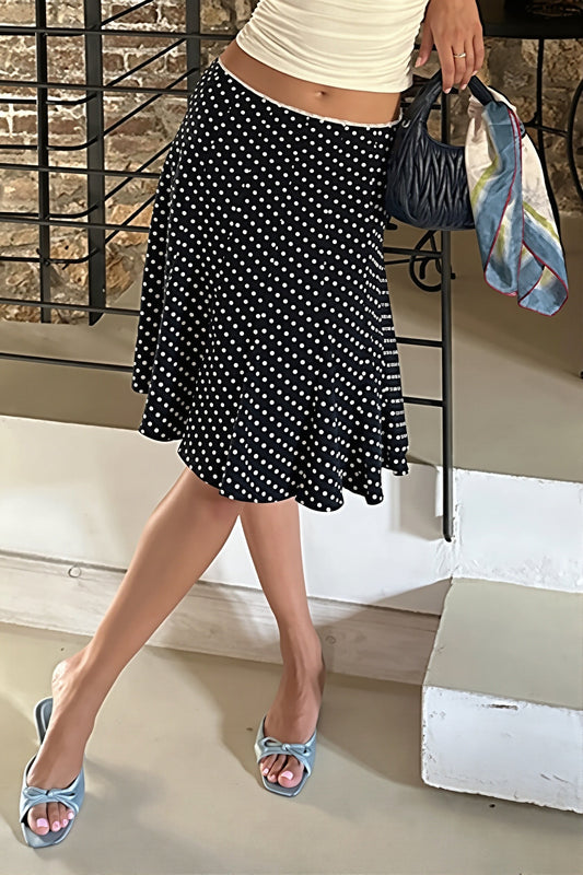 Black Polka Dot Lace Trim Fishtail Midi Skirt