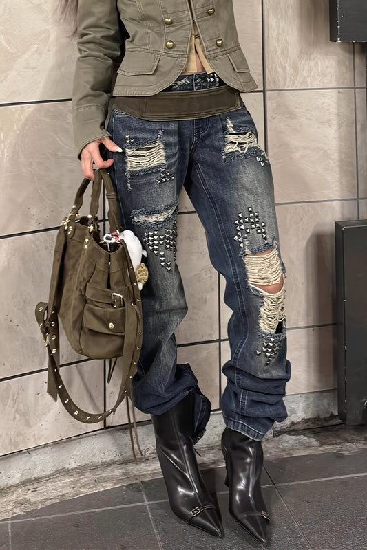 Rivet Spliced Ripped Vintage Washed Jeans
