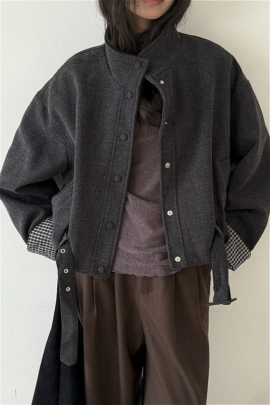 Short Cuffed Check Pieced Stand Collar Wool Coat