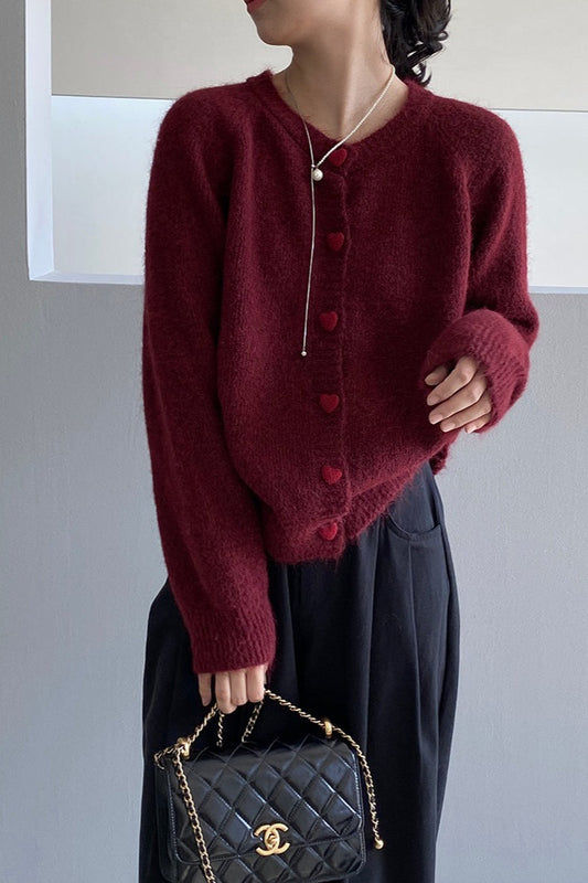 Oversized Heart Button Round Neck Christmas Cardigan