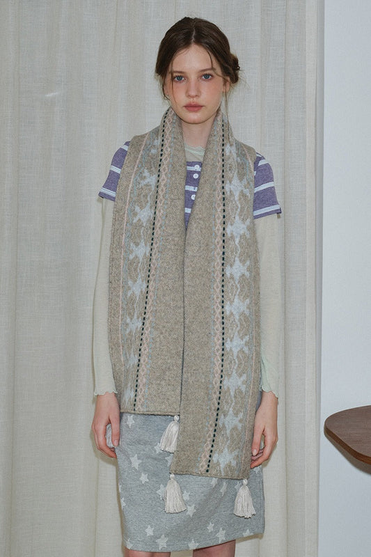 Wool Blend Fair Isle Fringed Soft Scarf