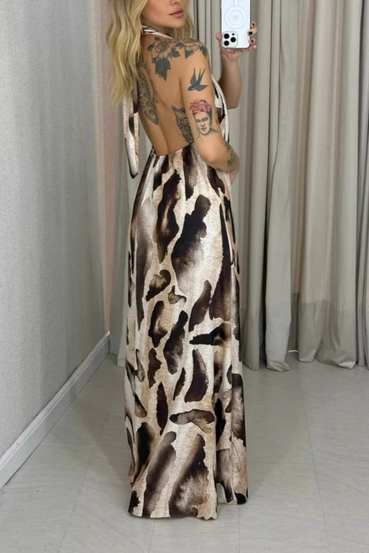 Leopard Print Halter Neck Backless Maxi Dress