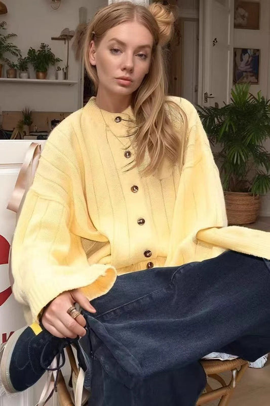 Yellow Ribbed Round Neck Knit Cardigan