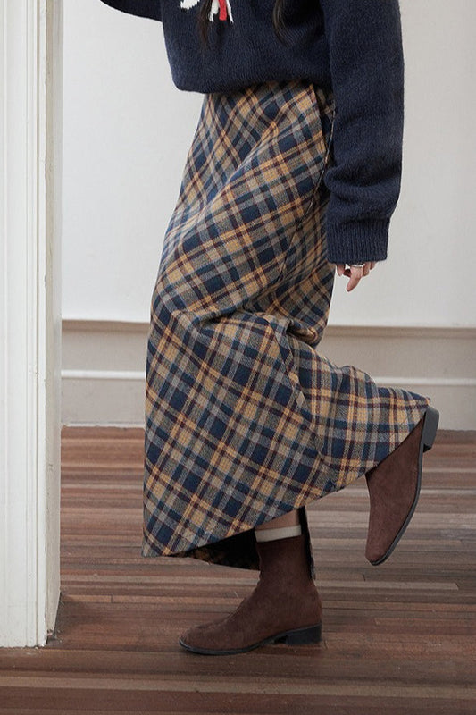 Vintage High-Waist Plaid Pencil Skirt
