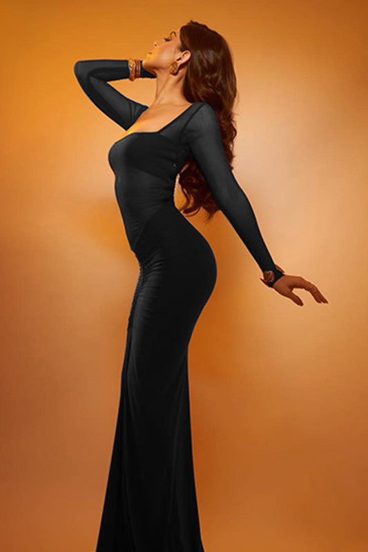 Square Neck Mesh Panel Bodycon Maxi Dress