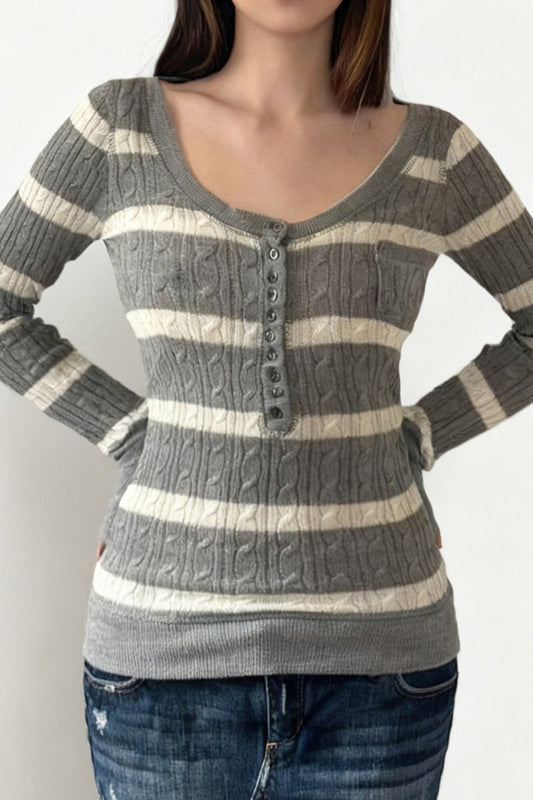 Cable Knit Striped Square Neck Sweet Knit Sweater