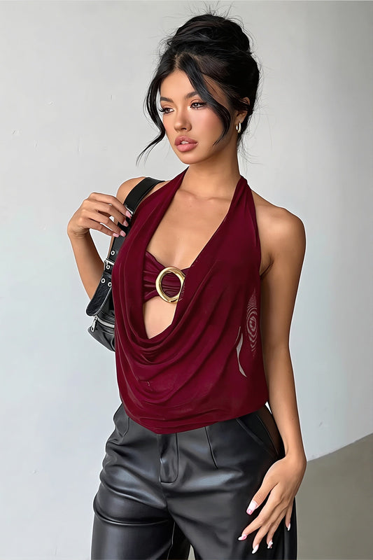 Sheer Mesh Ring Detail Cowl Halter Top
