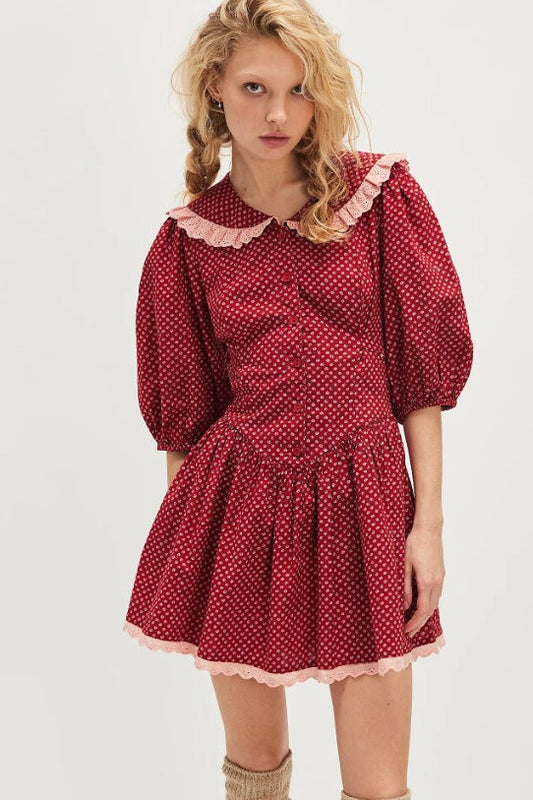 Vintage Polka Dot Peter Pan Collar Puff Sleeve Mini Dress