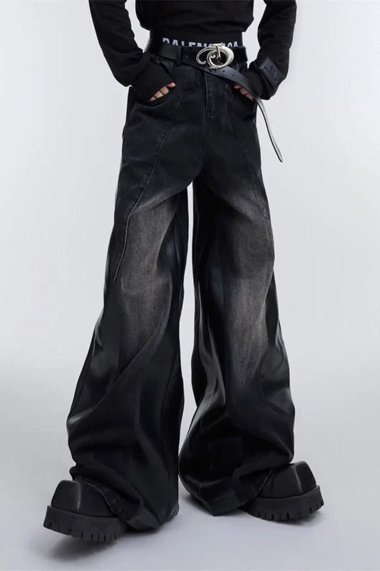 Wide Leg PU Leather Patchwork Jeans