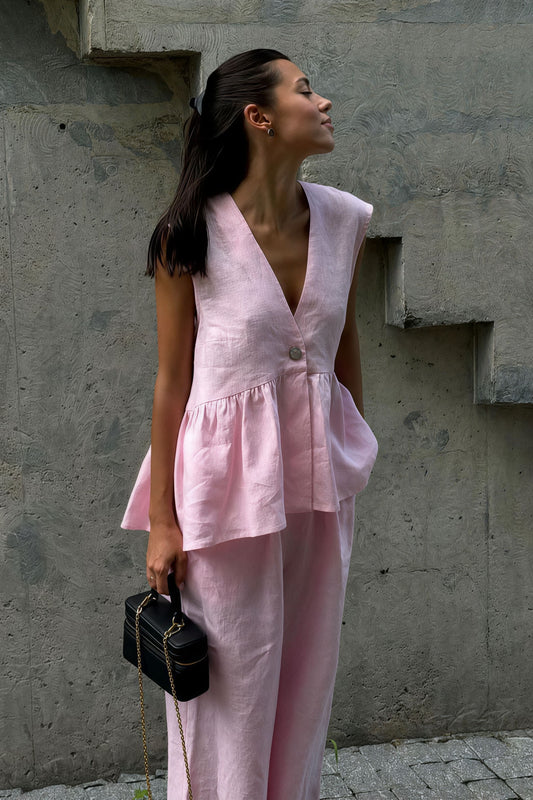 Romantic Cotton V Neck Sleeveless Vest Pants Two Piece Set