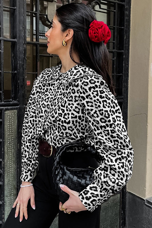 Cotton Leopard Print Turn Down Collar Blouse