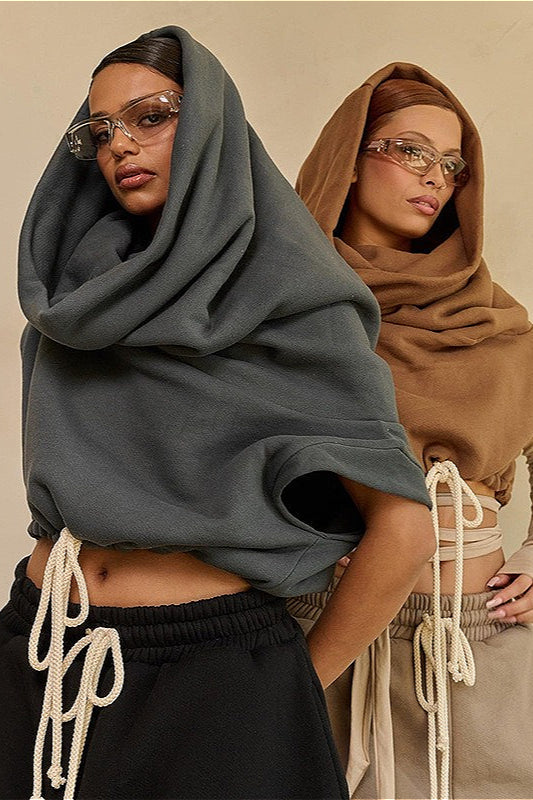 Solid Casual Wide Collar Cropped Hoodie