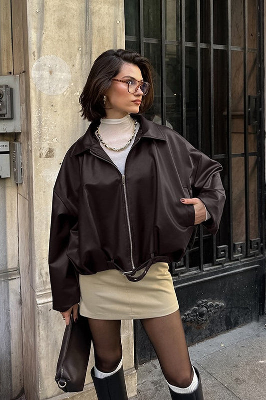 Brown Faux Leather Moto Jacket