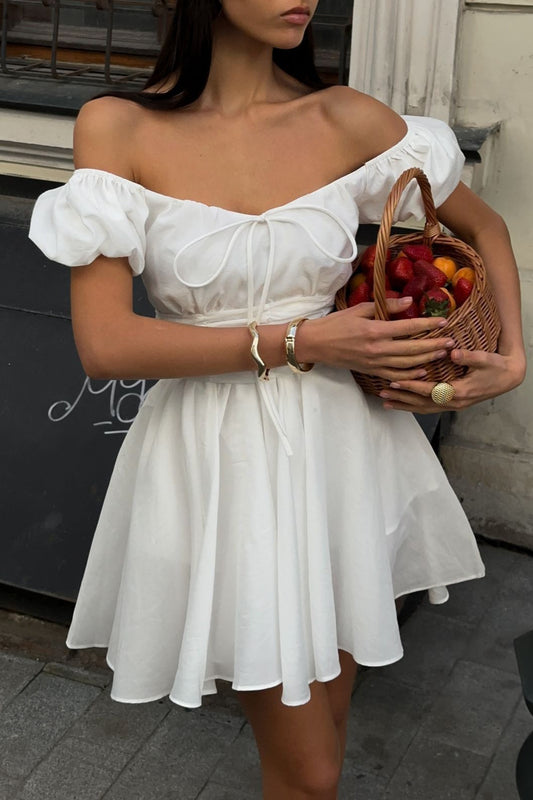Sweet White Off Shoulder A-Line Boho Dress