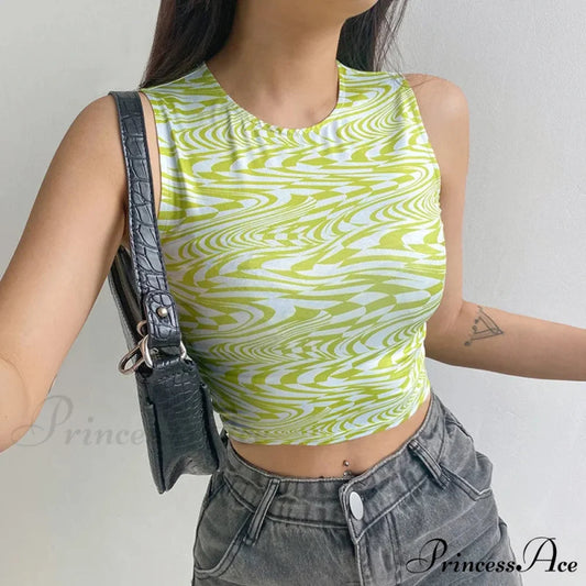 90s Aesthetics Striped Print Crops Summer Streetwear Sleeveless O-neck Green Baby Women 2024 Vests Tank top Green / S